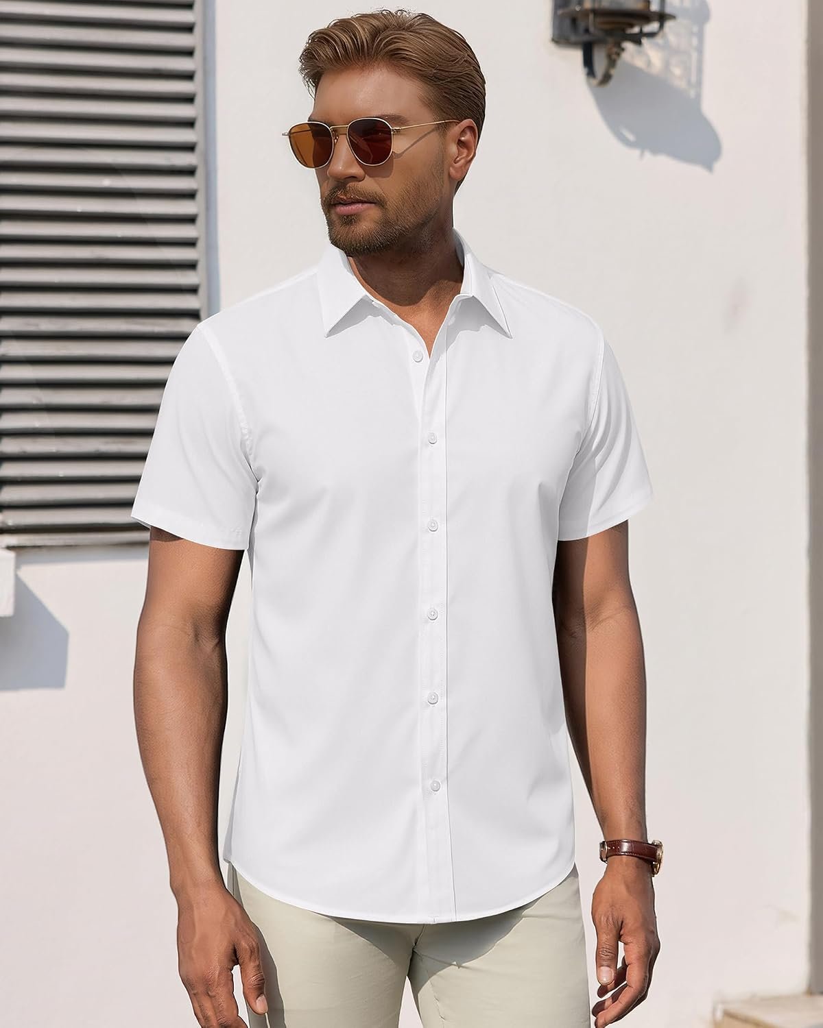 Men's Short Sleeve Dress Shirts Stretch Stain Shield Business Casual Button Down Shirts Solid Formal Wedding Tops