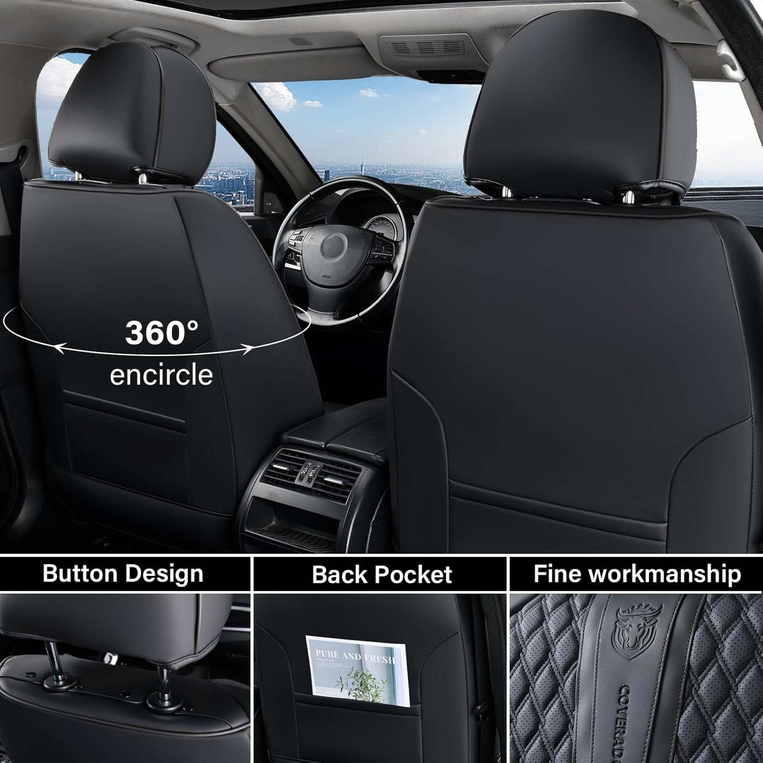 Coverado Car Seat Covers Full Set, Black Seat Covers for Car with Lumbar Support, Nappa Leather Seat Covers Waterproof Car Seat Protectors Universal Fit for Most Cars SUV Trucks