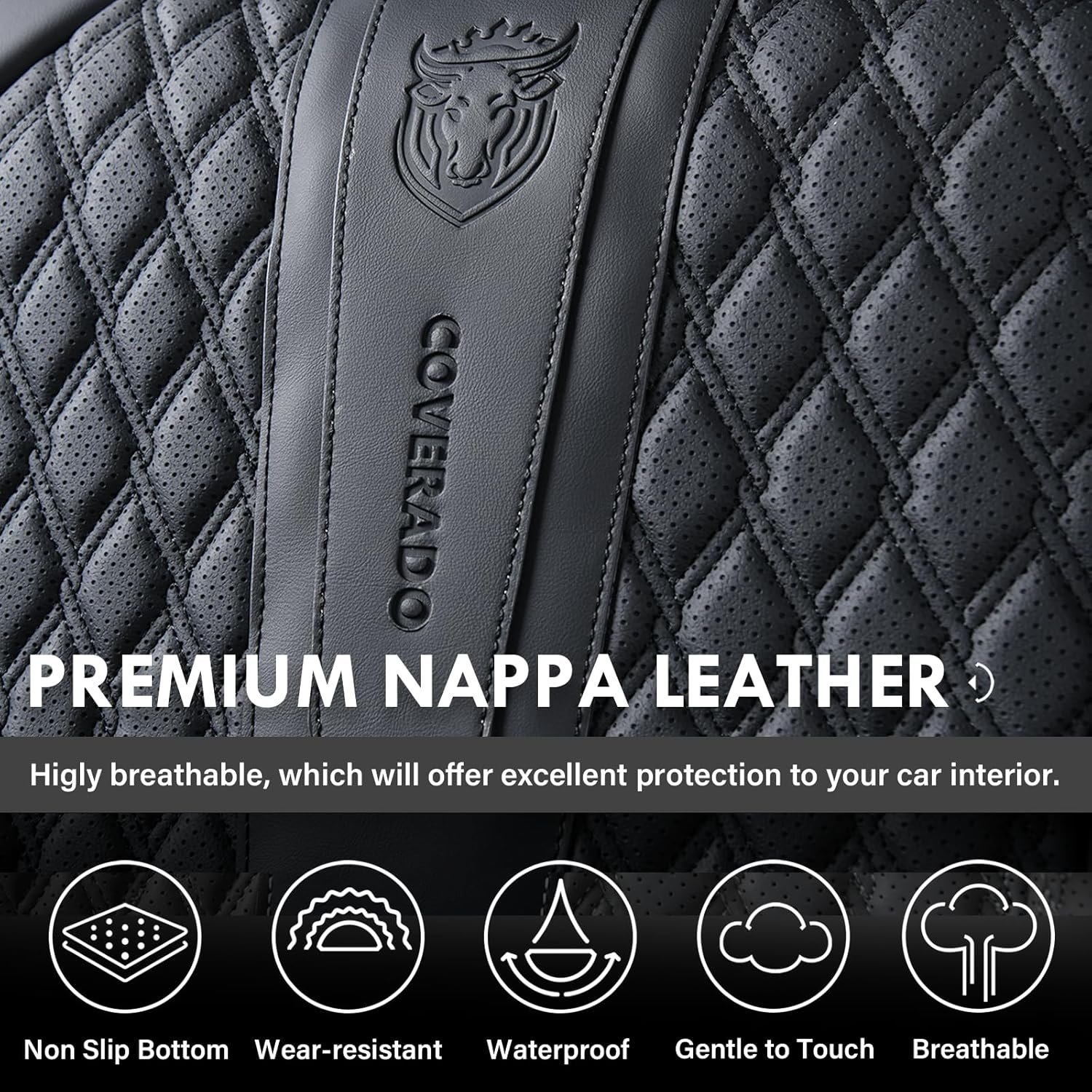 Coverado Car Seat Covers Full Set, Black Seat Covers for Car with Lumbar Support, Nappa Leather Seat Covers Waterproof Car Seat Protectors Universal Fit for Most Cars SUV Trucks
