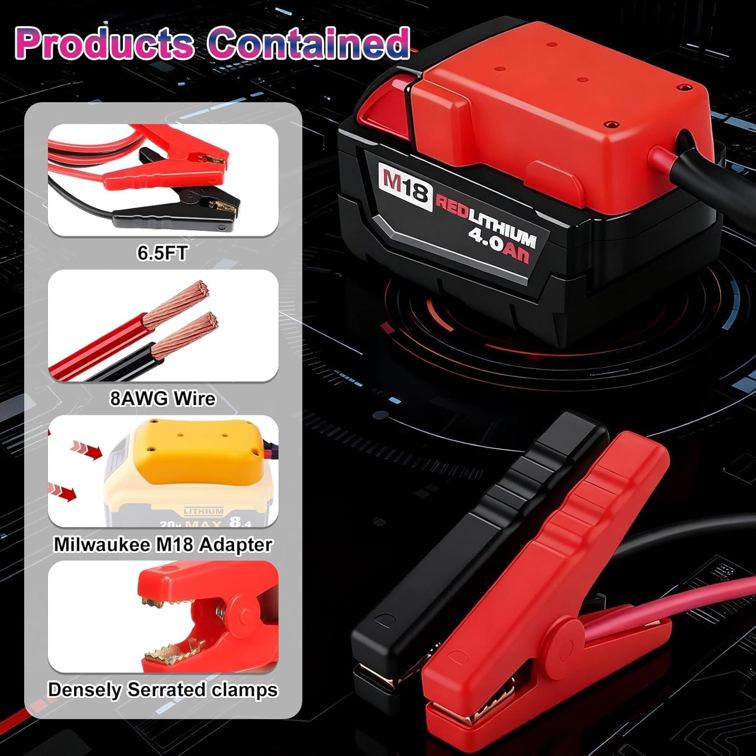 Jumper Cables with Adapter Compatible with Milwaukee M18 18V Battery, 1.64FT 8AWG Silicone Wire Jumper Starter, Automotive Booster Cable for Jump Starting Car Using Tool Battery