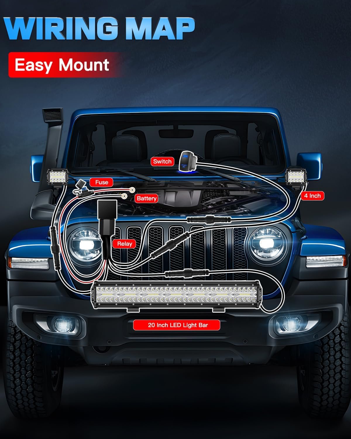 20Inch LED Light Bar and 4Inch LED Cube Pods Lights Kit with Wiring Harness Rocker Switch Spot Flood Combo Triple Row Off Road Driving Work Lights Bar for Pickup SUV UTV ATV Truck Tractor Boat
