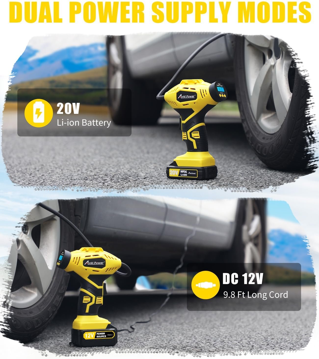 AVID POWER Cordless Tire Inflator Portable Air Compressor, 20V Rechargeable Battery Powered Car Tire Pump w/ 12V DC Adapter, Digital Pressure Gauge, Air Pump for Car, Bike, Motorcycle, Ball