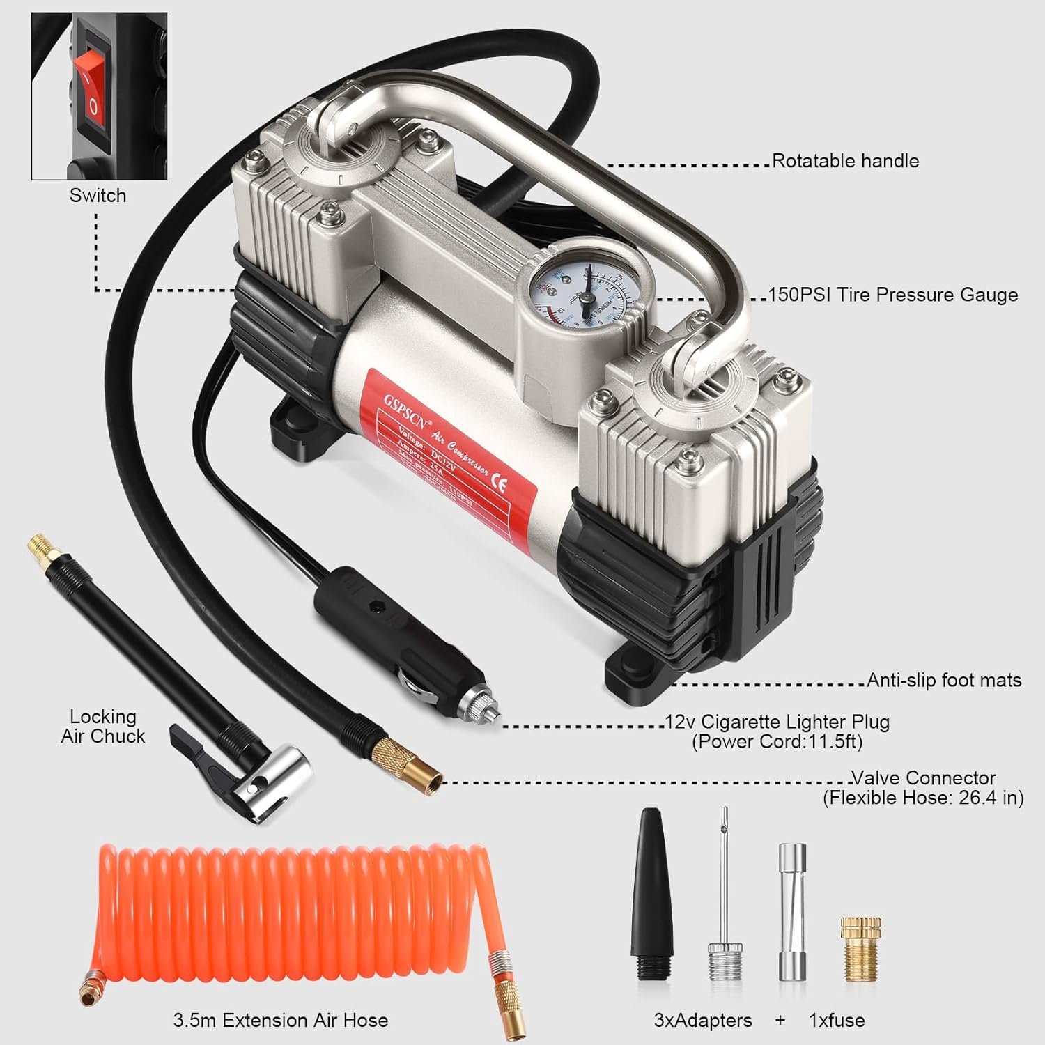 GSPSCN 12V Heavy Duty Tire Inflator Metal Portable Air Compressor Pump | 6X Faster Inflation Dual Cylinders 150PSI Air Pump with Adapter for Car, RV,Pickup Truck, SUV, Van,Camper, Air Bed,Ball