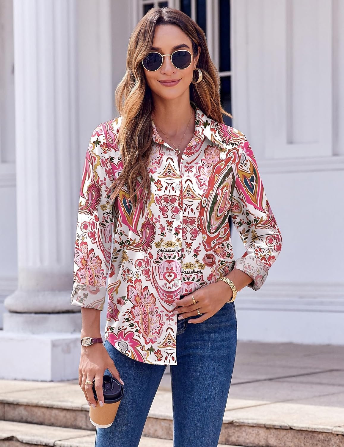 Zeagoo Button Down Shirts for Women Dressy Floral Printed Long Sleeve Blouse Business Casual Work Tops