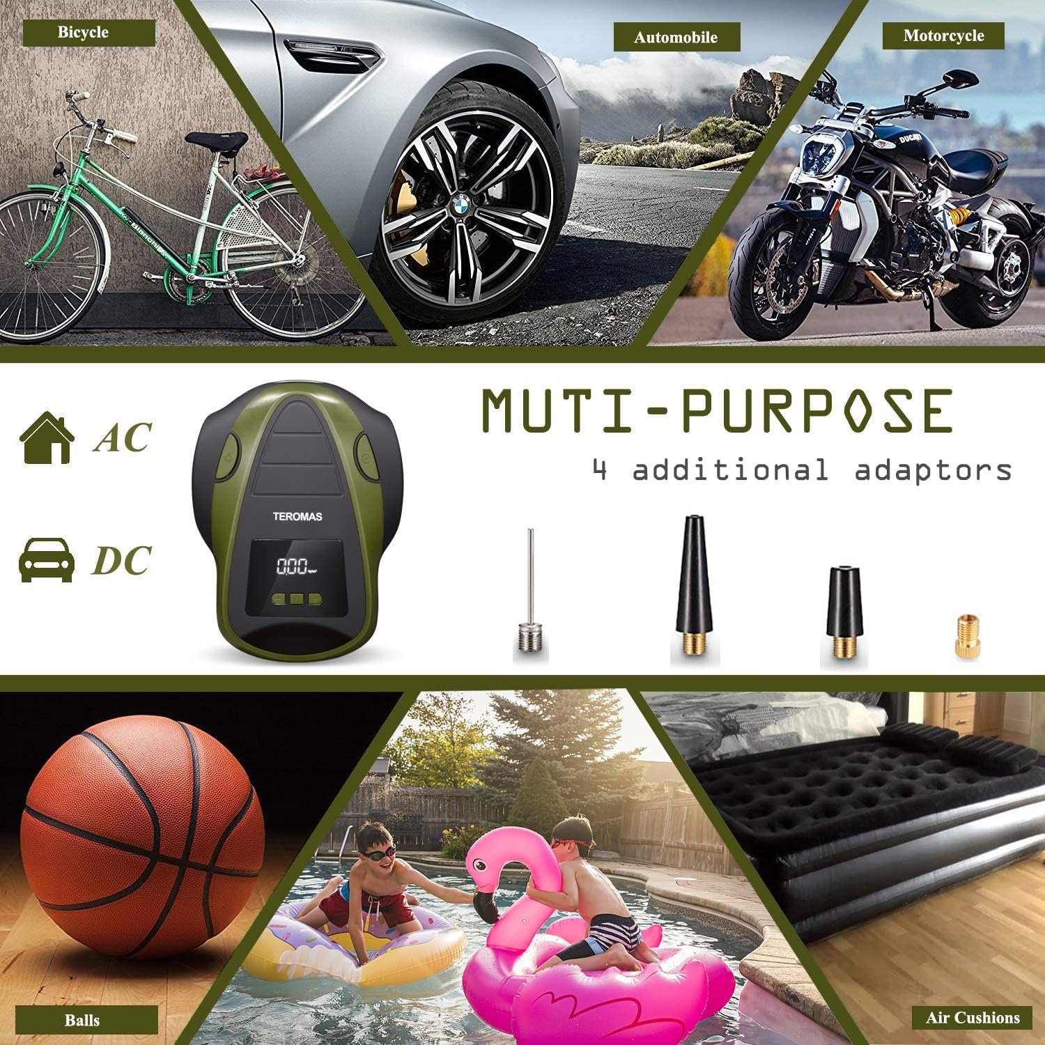 Tire Inflator Portable Air Compressor, Air Pump DC/AC for Car Tires 12V DC and Other Inflatables at Home 110V AC, Digital Electric Tire Pump with Pressure Gauge(Green)