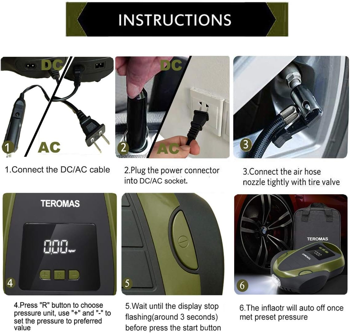 Tire Inflator Portable Air Compressor, Air Pump DC/AC for Car Tires 12V DC and Other Inflatables at Home 110V AC, Digital Electric Tire Pump with Pressure Gauge(Green)
