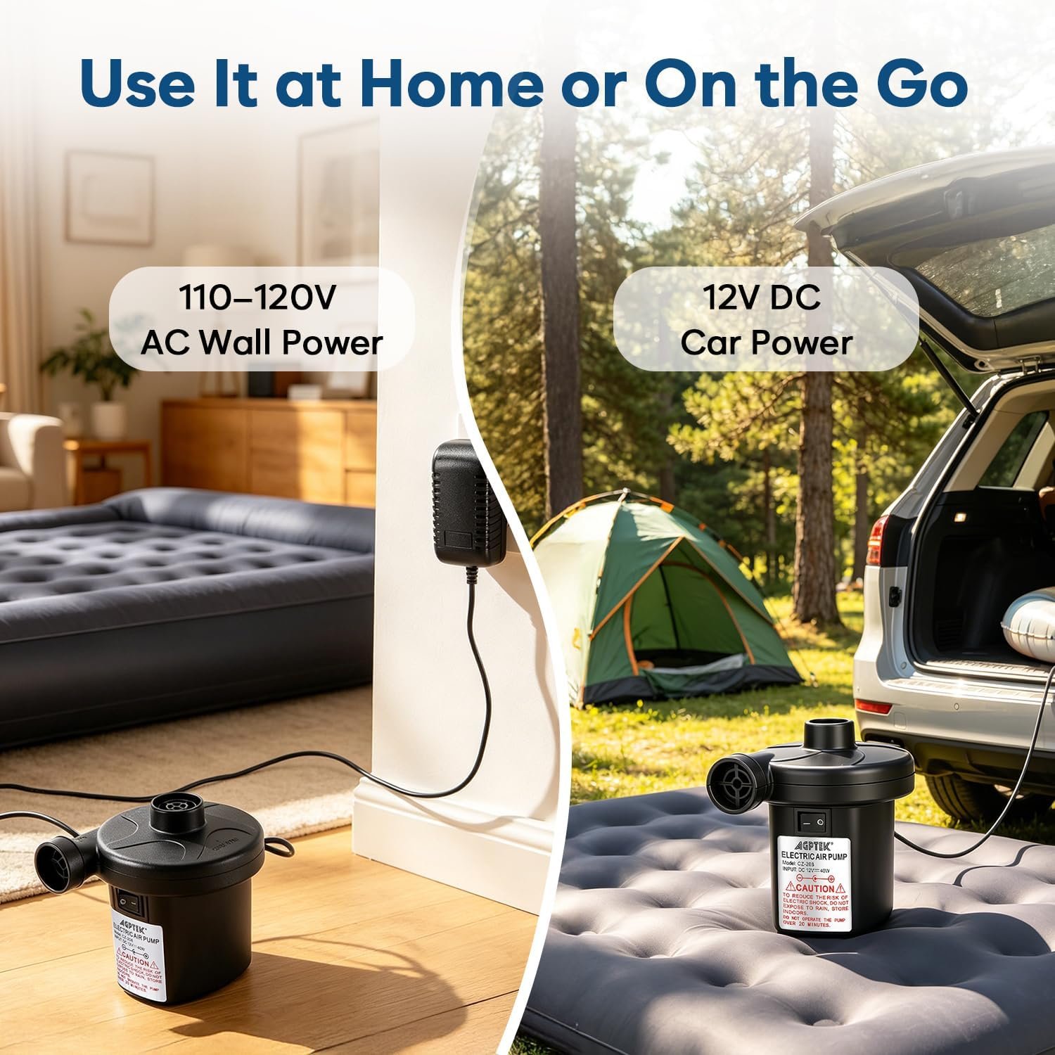 AGPTEK Electric Air Pump,Portable Air Pump with 3 Nozzles, 4.5kPa Quick-Fill,110V AC/12V DC Inflator/Deflator Pumps for Outdoor Camping, Inflatable Air Mattress Beds, Boats, Swimming Ring