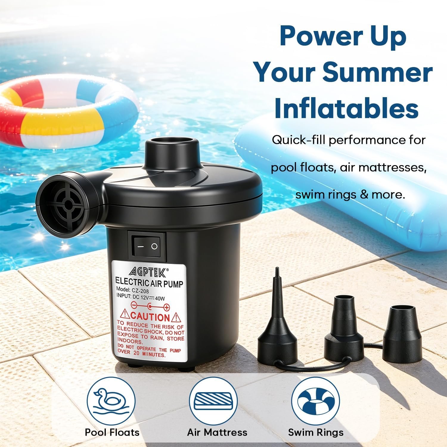 AGPTEK Electric Air Pump,Portable Air Pump with 3 Nozzles, 4.5kPa Quick-Fill,110V AC/12V DC Inflator/Deflator Pumps for Outdoor Camping, Inflatable Air Mattress Beds, Boats, Swimming Ring