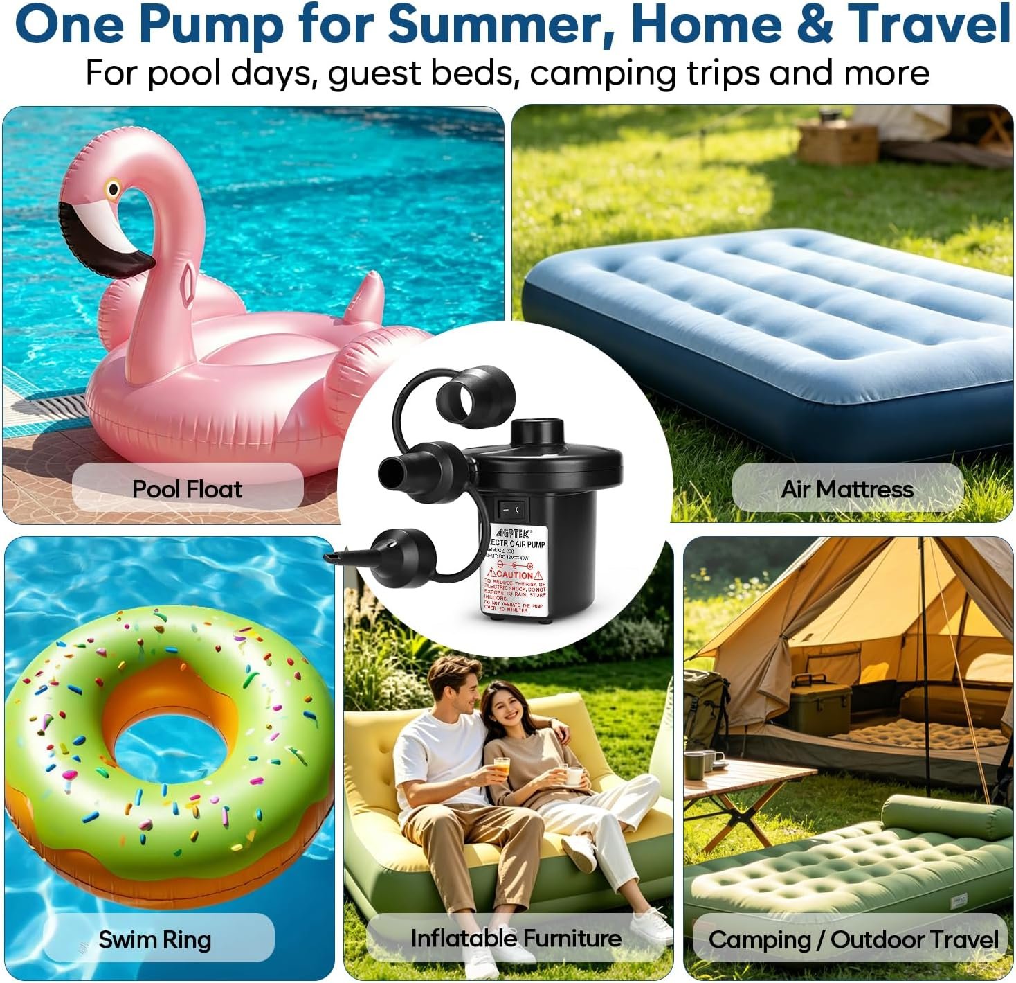 AGPTEK Electric Air Pump,Portable Air Pump with 3 Nozzles, 4.5kPa Quick-Fill,110V AC/12V DC Inflator/Deflator Pumps for Outdoor Camping, Inflatable Air Mattress Beds, Boats, Swimming Ring