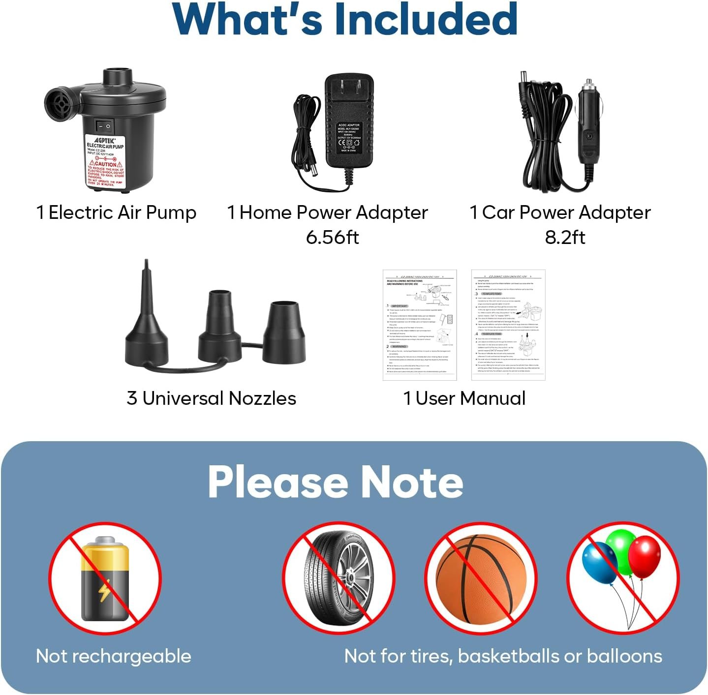 AGPTEK Electric Air Pump,Portable Air Pump with 3 Nozzles, 4.5kPa Quick-Fill,110V AC/12V DC Inflator/Deflator Pumps for Outdoor Camping, Inflatable Air Mattress Beds, Boats, Swimming Ring