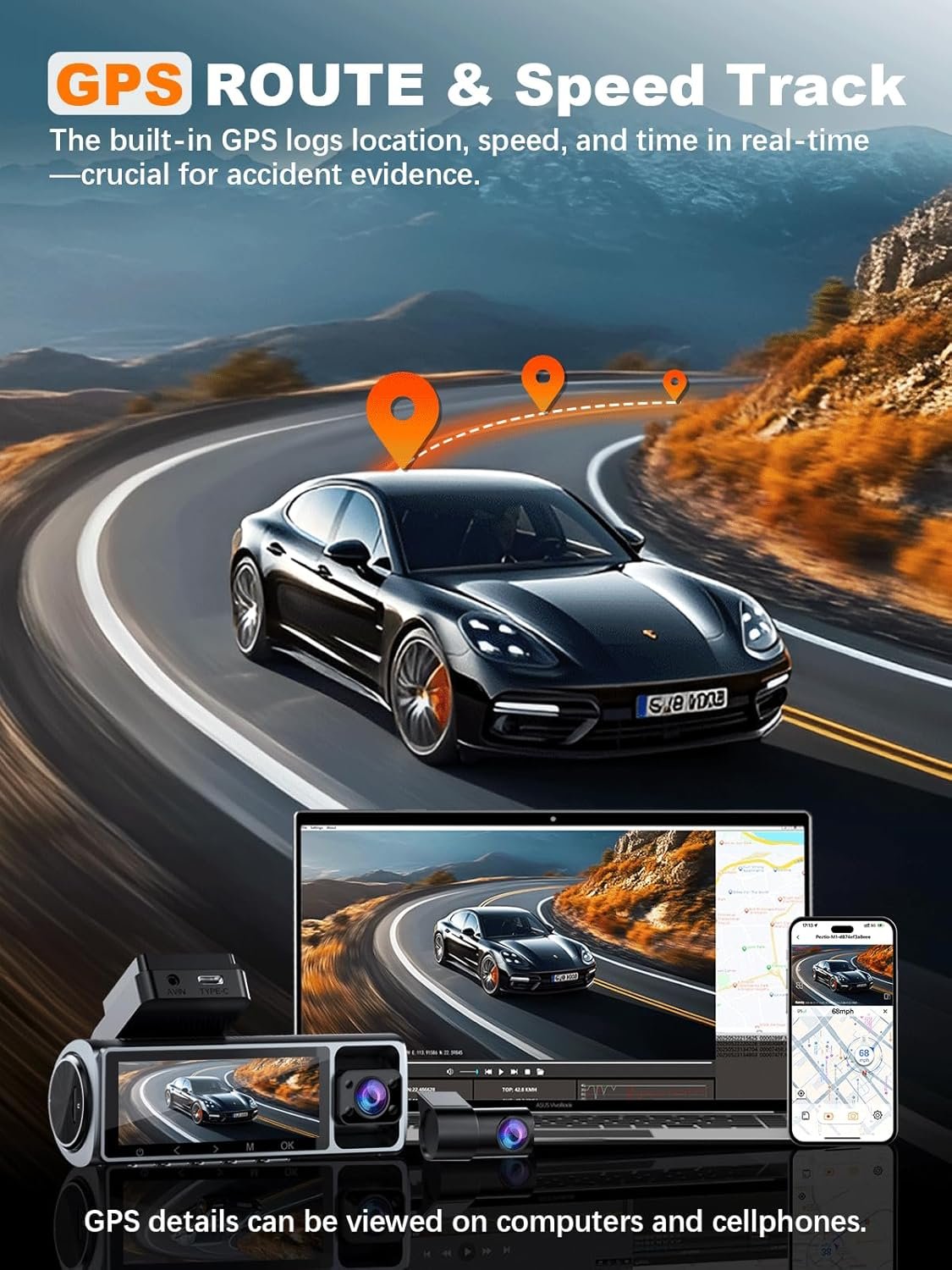 4K 3 Channel Dash Cam Front and Rear Inside, Built-in 5.8GHz WiFi GPS, 64GB Card Included, 4K+1080P+1080P Dash Camera for Cars, 3.18'' IPS Screen Dashcam with G-Sensor, 24H Parking Monitor