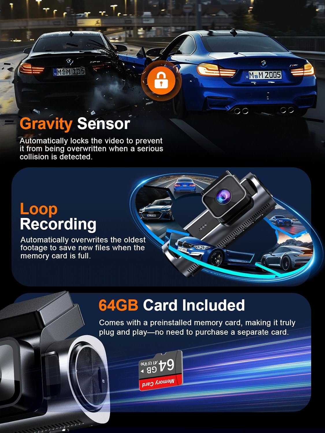 4K 3 Channel Dash Cam Front and Rear Inside, Built-in 5.8GHz WiFi GPS, 64GB Card Included, 4K+1080P+1080P Dash Camera for Cars, 3.18'' IPS Screen Dashcam with G-Sensor, 24H Parking Monitor