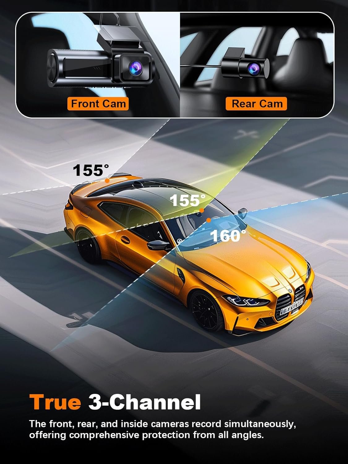 4K 3 Channel Dash Cam Front and Rear Inside, Built-in 5.8GHz WiFi GPS, 64GB Card Included, 4K+1080P+1080P Dash Camera for Cars, 3.18'' IPS Screen Dashcam with G-Sensor, 24H Parking Monitor
