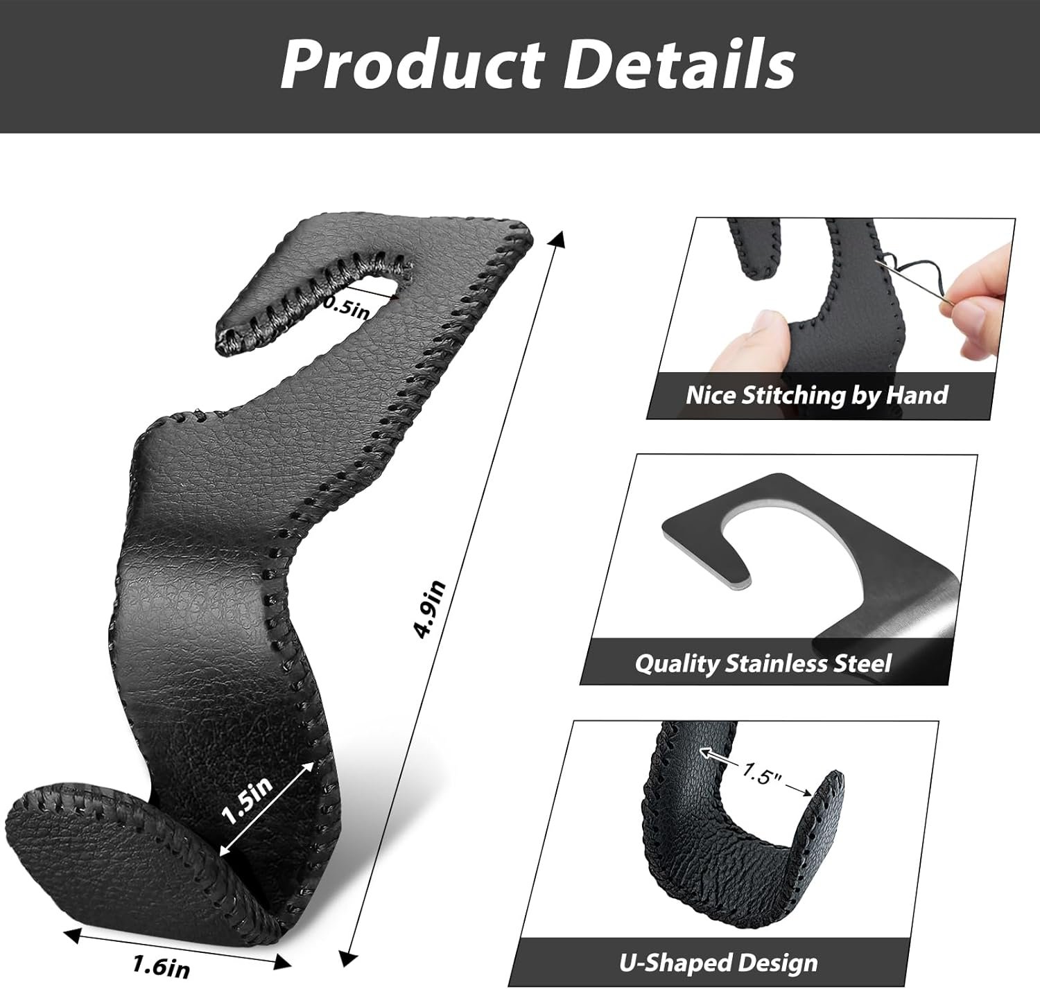 Purse Hook for Car Seat Headrest, Car Purse Holder Leather Vehicle Storage Organizer for Handbags, Groceries, 2Pack Black