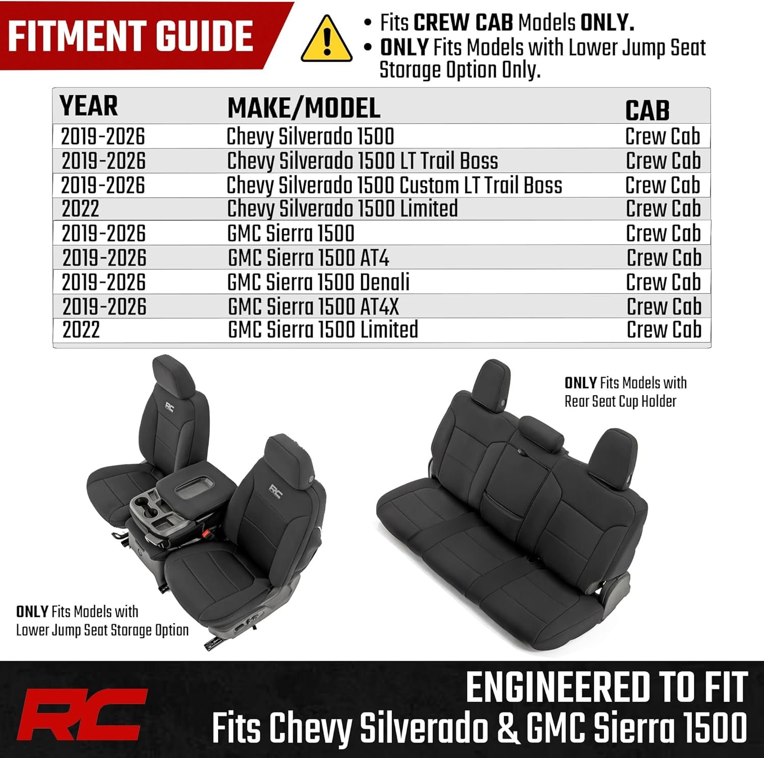 Rough Country Neoprene Seat Covers for Chevy Silverado/GMC Sierra 1500 (2019–2026) w/Rear Cup Holder - Waterproof, UV-Resistant, Foam Padded, Front & Rear Row Cover Set