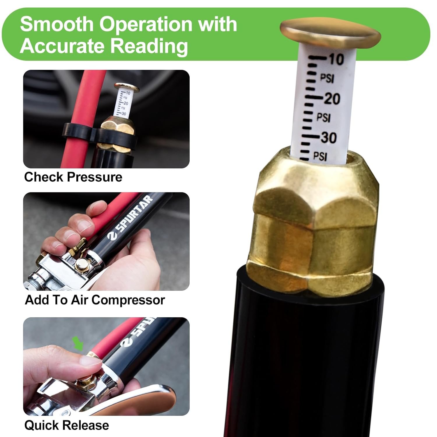 Spurtar 10-120 PSI Tire Pressure Gauge with Inflator Heavy Duty | Air Chuck Pressure Gauge with 4 Way Tool Valve Cores Air Compressor Attachments Tire Inflator Nozzle for Car Automotive Truck