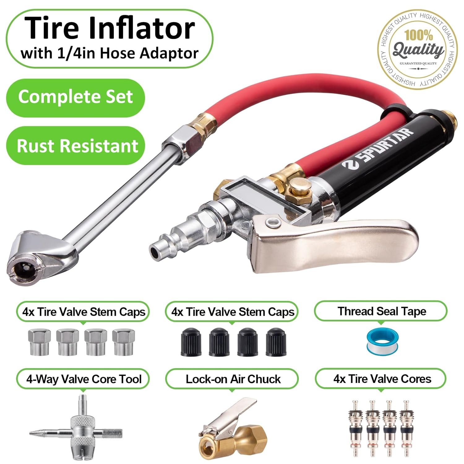 Spurtar 10-120 PSI Tire Pressure Gauge with Inflator Heavy Duty | Air Chuck Pressure Gauge with 4 Way Tool Valve Cores Air Compressor Attachments Tire Inflator Nozzle for Car Automotive Truck