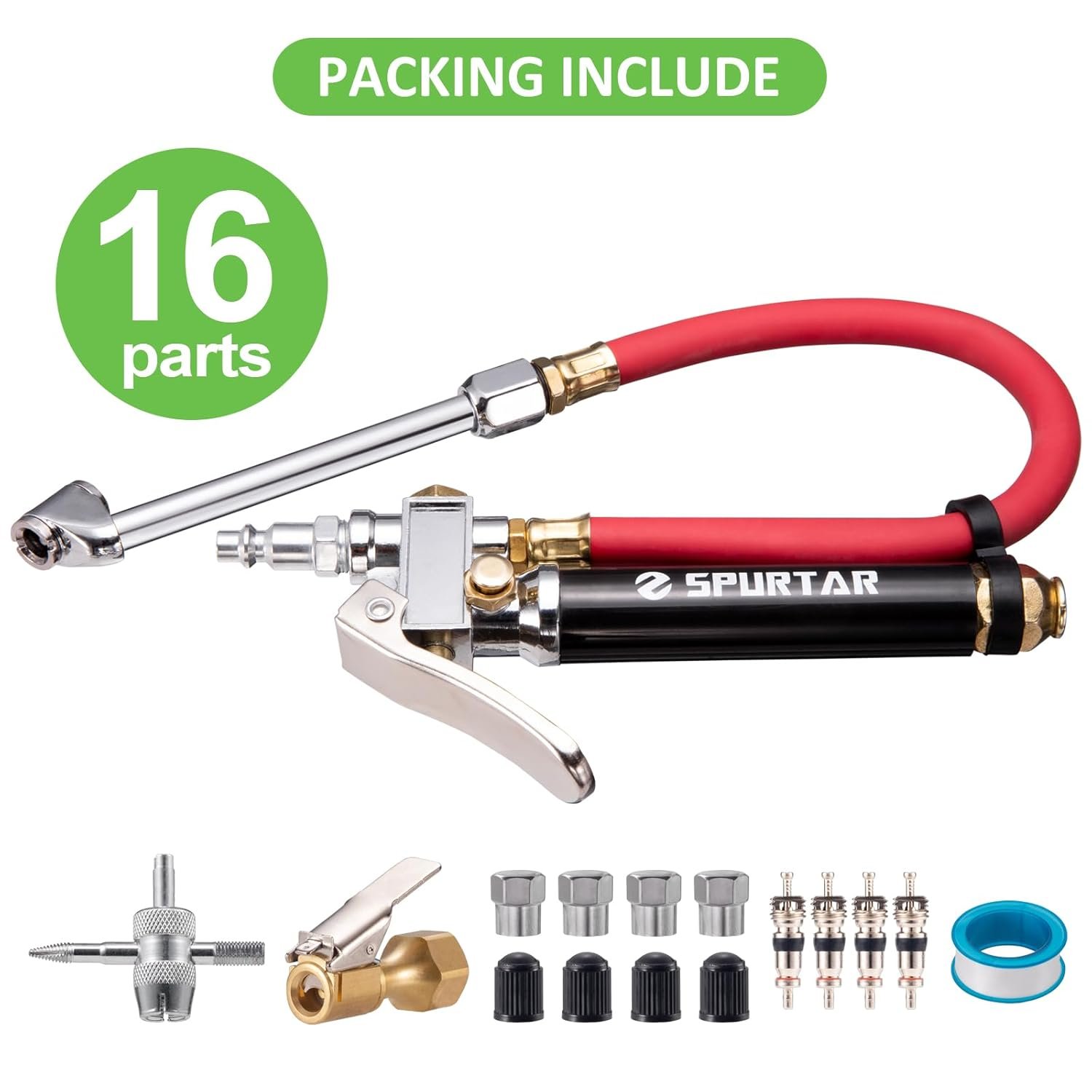 Spurtar 10-120 PSI Tire Pressure Gauge with Inflator Heavy Duty | Air Chuck Pressure Gauge with 4 Way Tool Valve Cores Air Compressor Attachments Tire Inflator Nozzle for Car Automotive Truck