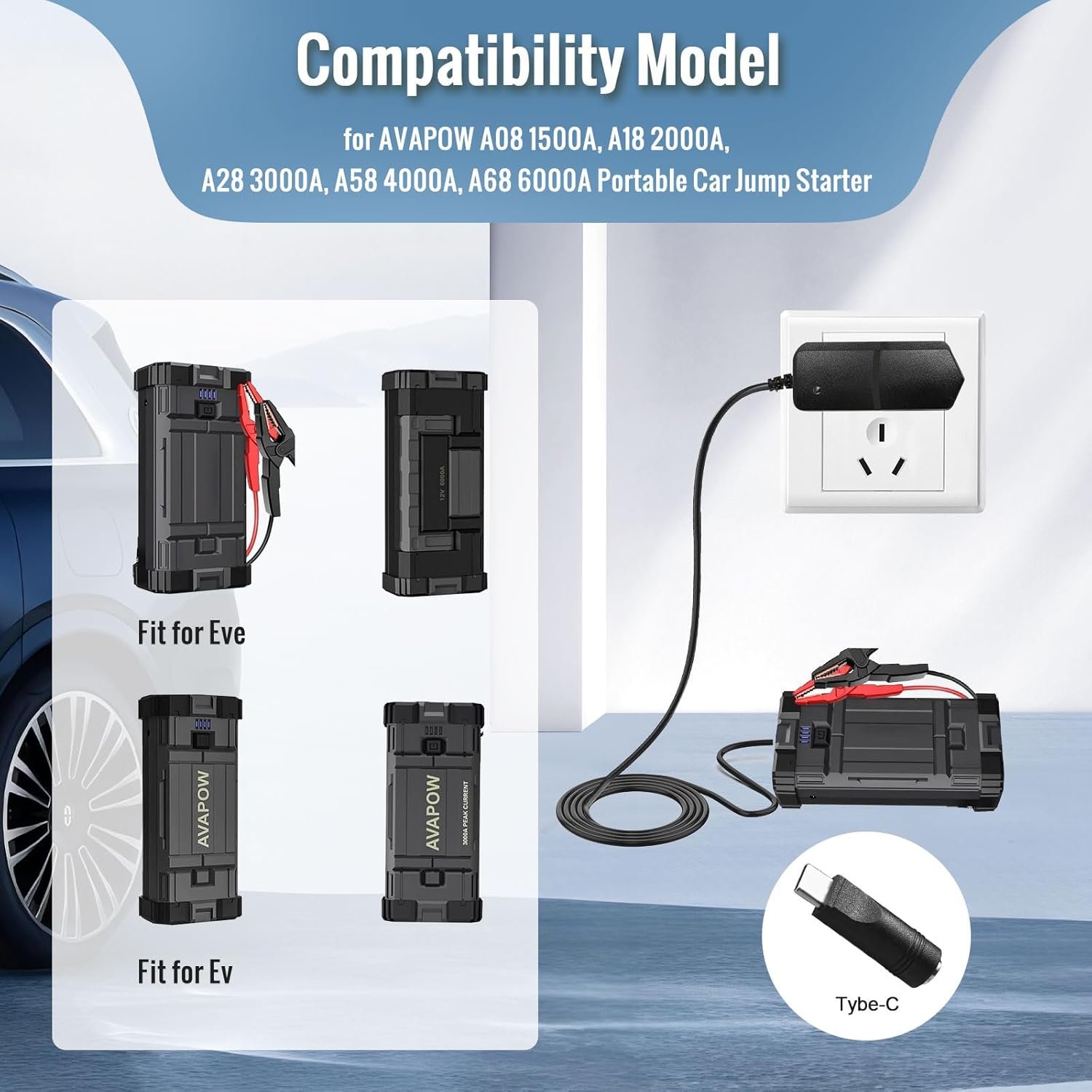 12V Jump Starter Charger for EverStart Maxx Jump Starte Battery Charger Compatible with AVAPOW Ever Start Max J7CCE J7CE 800A 800 Peak Amps Battery Car Jump Starter with 1 Type-c Ports