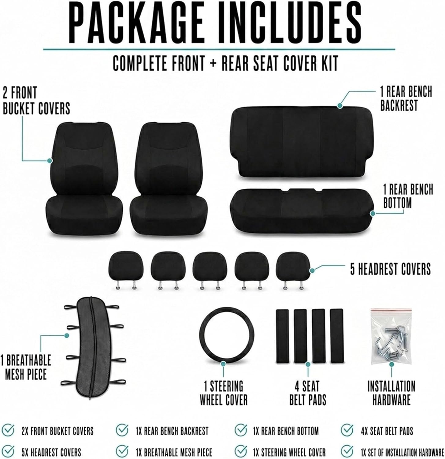 FH Group Full Set Cloth Car Seat Covers, Universal Fit Front and Split Bench Rear, Airbag Compatible, Washable for SUV, Sedan, Van - Black