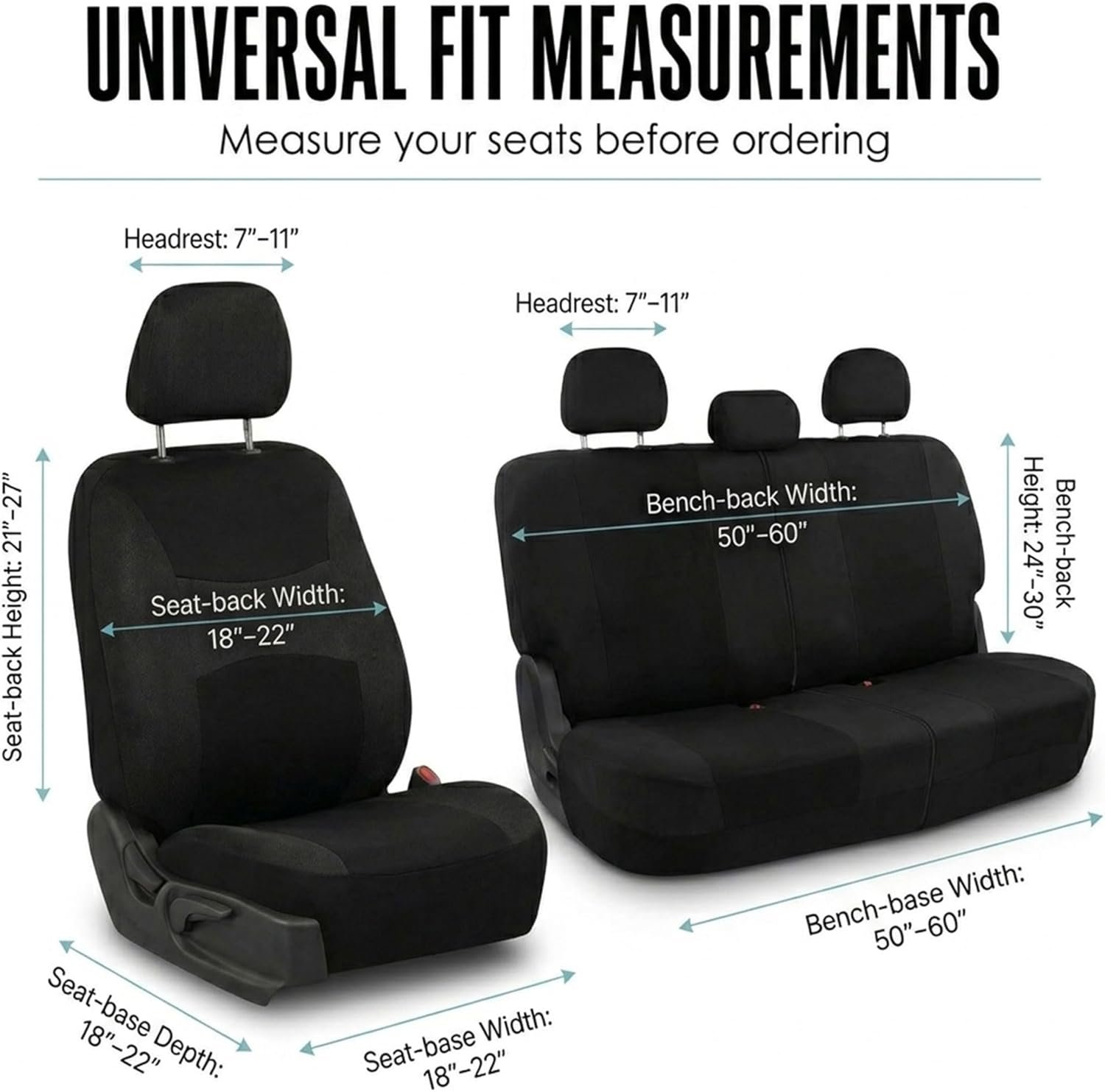 FH Group Full Set Cloth Car Seat Covers, Universal Fit Front and Split Bench Rear, Airbag Compatible, Washable for SUV, Sedan, Van - Black