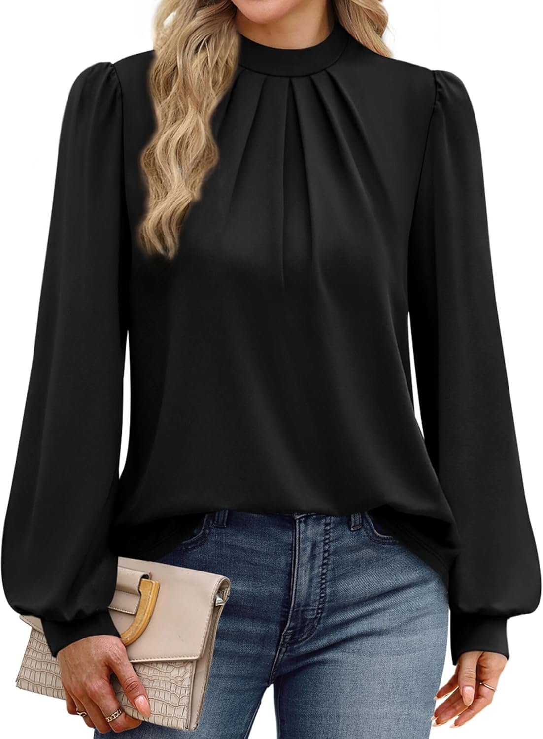 WIHOLL Long Sleeve Shirts for Women Mock Neck Tops Pleated Front Blouses Dressy Casual Spring Fall Clothes 2026 Fashion