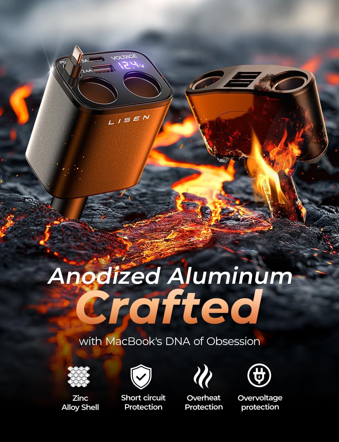 LISEN Car Cigarette Lighter Splitter, Metal 90W Dual Cigarette Lighter Adapter Metal with PD30W Retractable Car Charger, LED Voltage12V/24V Car Charger Splitter for iPhone 16, GPS, DashCam