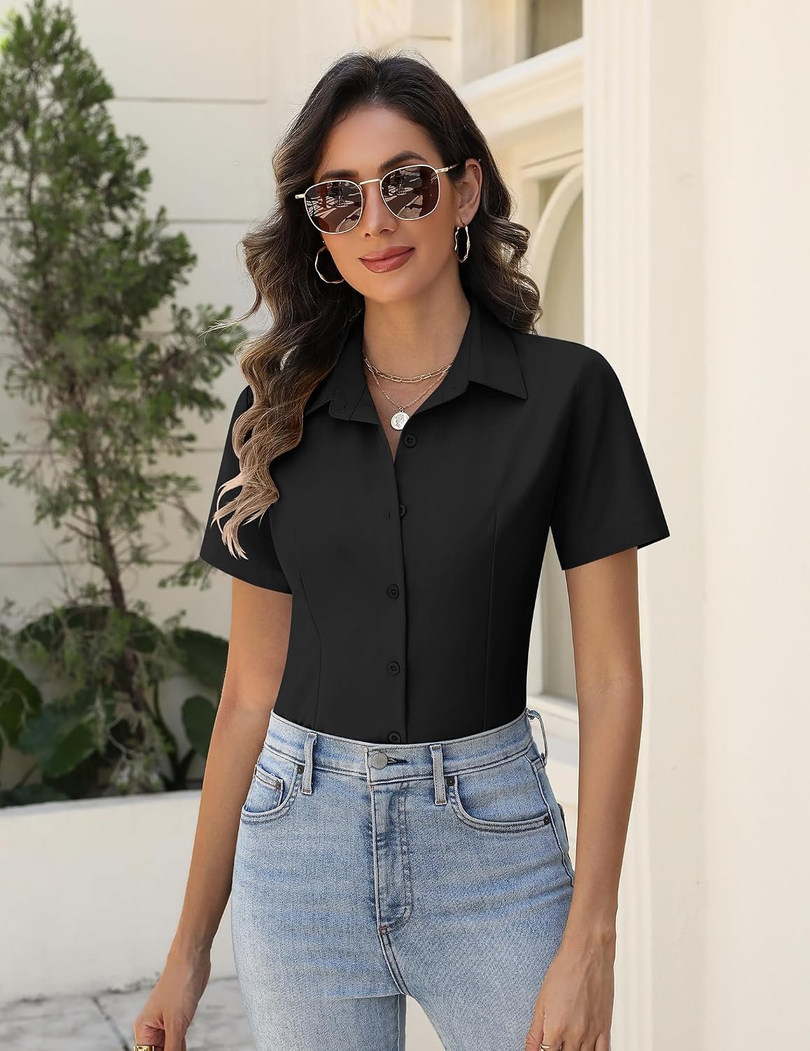 Zeagoo Women's Button Down Shirts Short Sleeve Dress Shirts Basic Business Collared Work Blouses