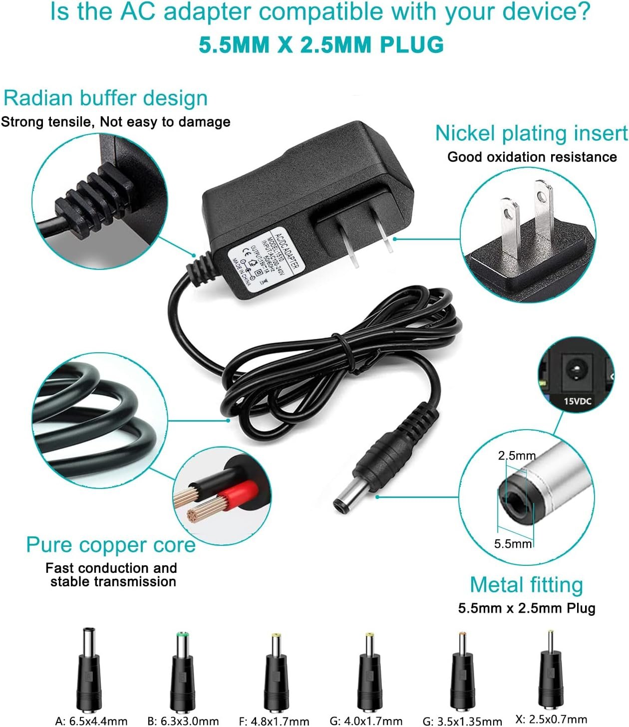 DC 15V 1A Adapter Charger Charging Cable Cord for Peak 450A 500A 600A 800A 1000A Auto Battery Booster Jump Starter, Compatible Beatit,Tacklife,Gooloo & More Portable Car Jump Starter