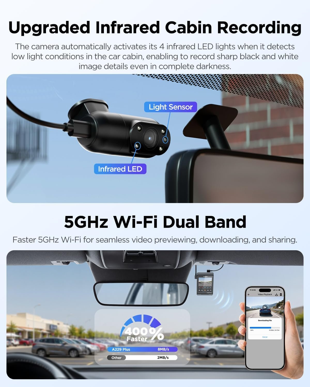 VIOFO A229 Plus 3 Channel Dash Cam, Dual STARVIS 2 Sensors, 3-Channel HDR, 1440P+1440P+1080P Front Inside and Rear Car Camera, 5GHz Wi-Fi, Voice Control, Ultra-Precise GPS, 24 Hours Parking Mode