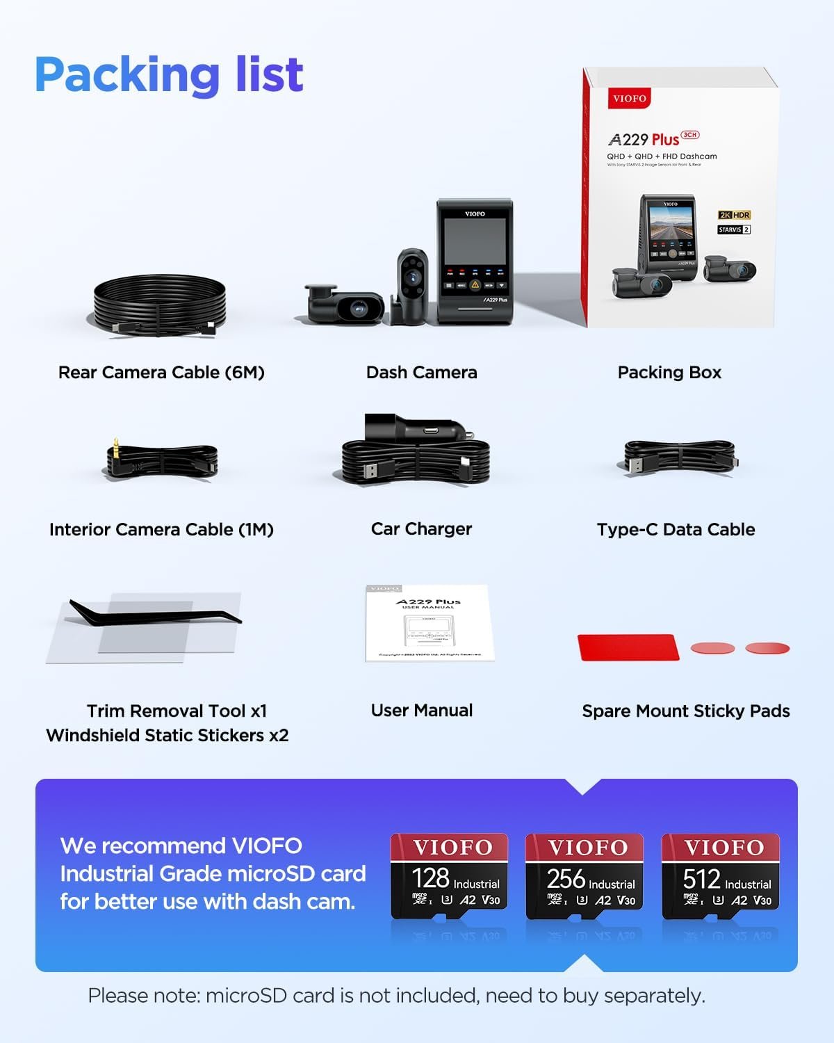 VIOFO A229 Plus 3 Channel Dash Cam, Dual STARVIS 2 Sensors, 3-Channel HDR, 1440P+1440P+1080P Front Inside and Rear Car Camera, 5GHz Wi-Fi, Voice Control, Ultra-Precise GPS, 24 Hours Parking Mode