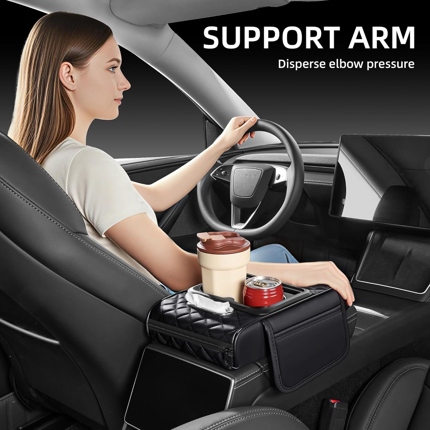 5 in 1 Nappa Leather Console Armrest Cover, Black | Built-in cup holder, tissue slot, phone holder & 2 storage pockets, practical car accessories fit SUV sedan truck