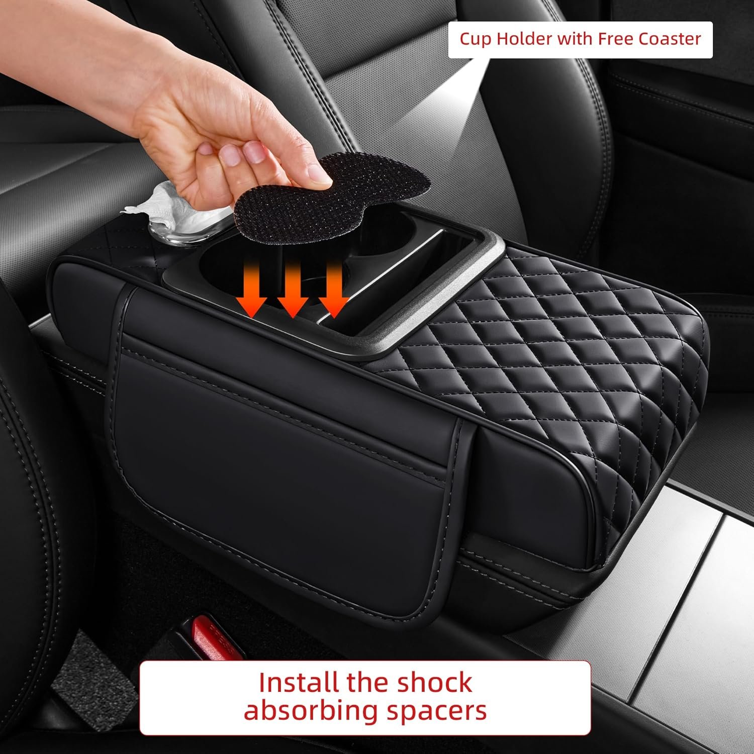 5 in 1 Nappa Leather Console Armrest Cover, Black | Built-in cup holder, tissue slot, phone holder & 2 storage pockets, practical car accessories fit SUV sedan truck