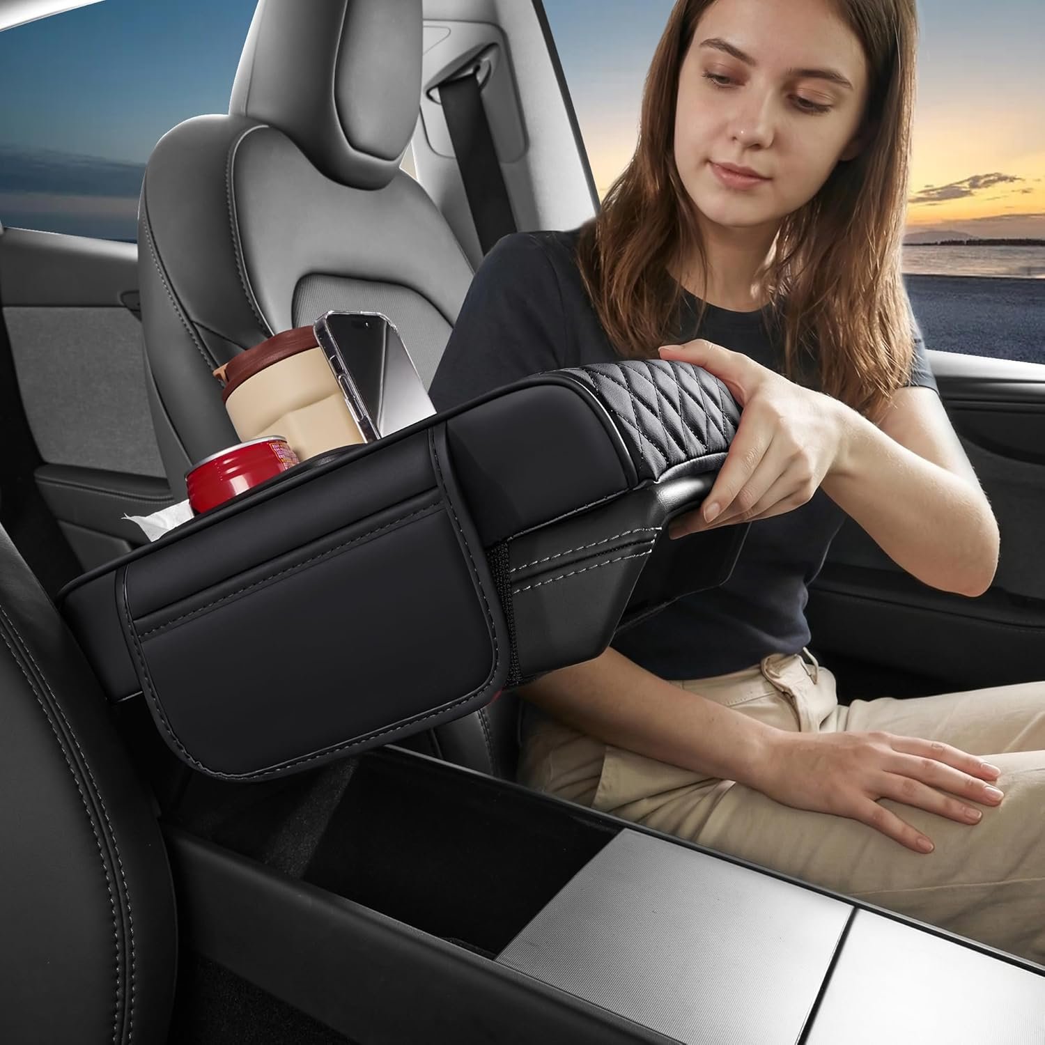 5 in 1 Nappa Leather Console Armrest Cover, Black | Built-in cup holder, tissue slot, phone holder & 2 storage pockets, practical car accessories fit SUV sedan truck