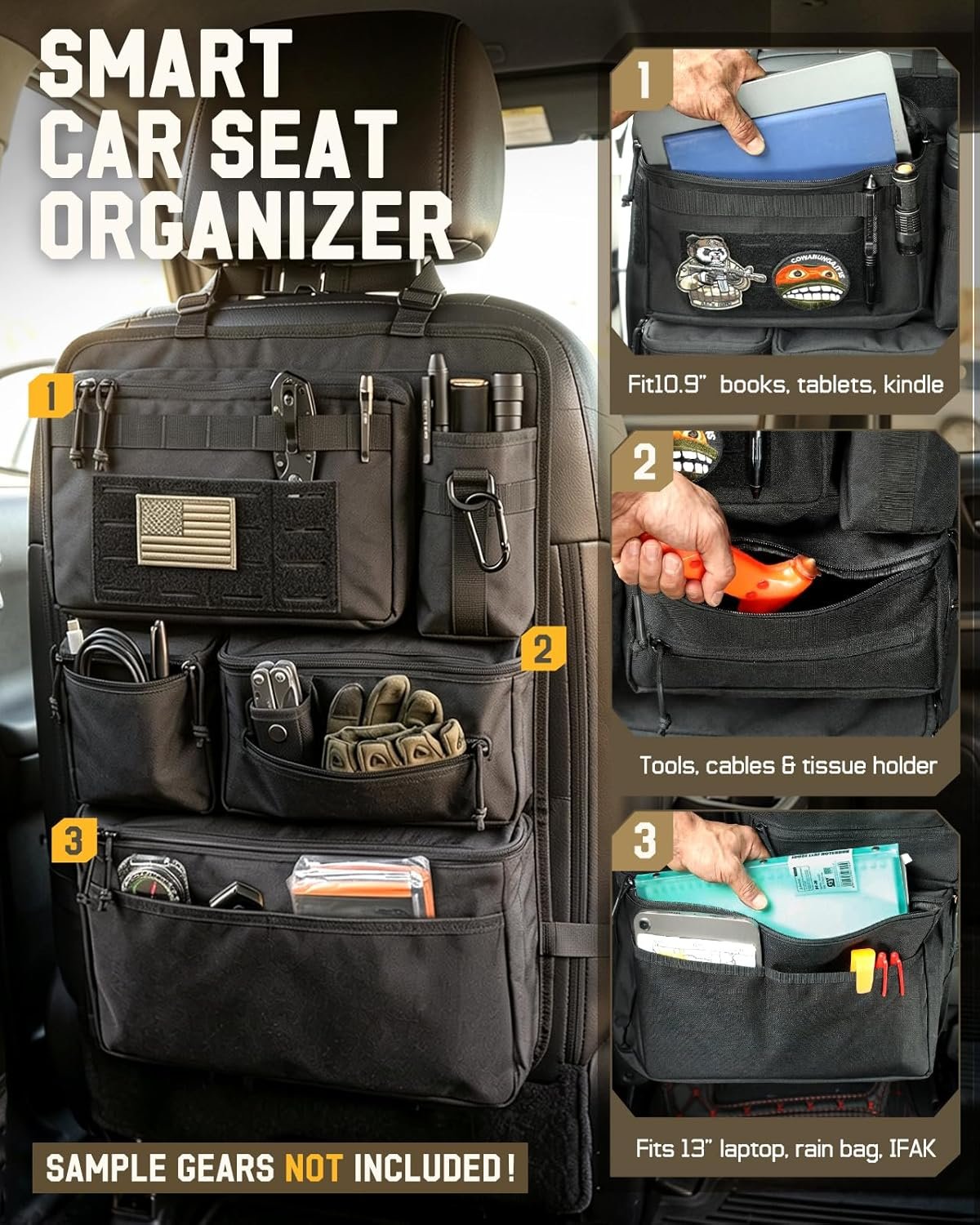 All in One Car Seat Back Organizer Fit Most Cars SUV Trucks Jeeps | Heavy Duty Molle Panel Seat Back Protector with Multi-Pockets Storage, for Tools, Toys, Camping, Travel, Daily Commuting
