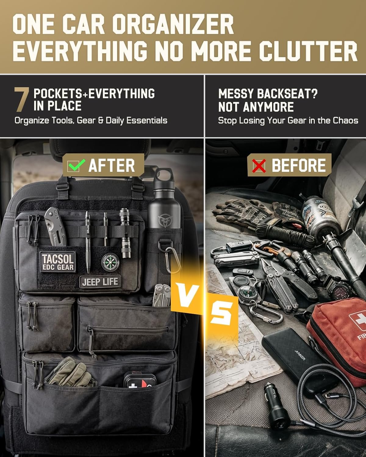All in One Car Seat Back Organizer Fit Most Cars SUV Trucks Jeeps | Heavy Duty Molle Panel Seat Back Protector with Multi-Pockets Storage, for Tools, Toys, Camping, Travel, Daily Commuting