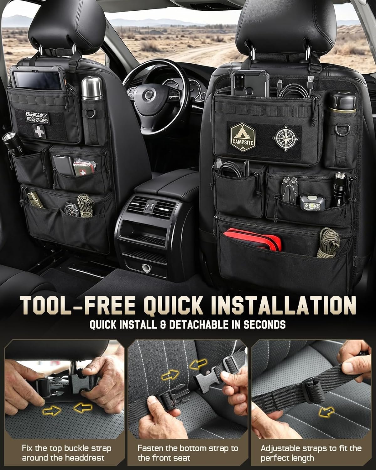 All in One Car Seat Back Organizer Fit Most Cars SUV Trucks Jeeps | Heavy Duty Molle Panel Seat Back Protector with Multi-Pockets Storage, for Tools, Toys, Camping, Travel, Daily Commuting