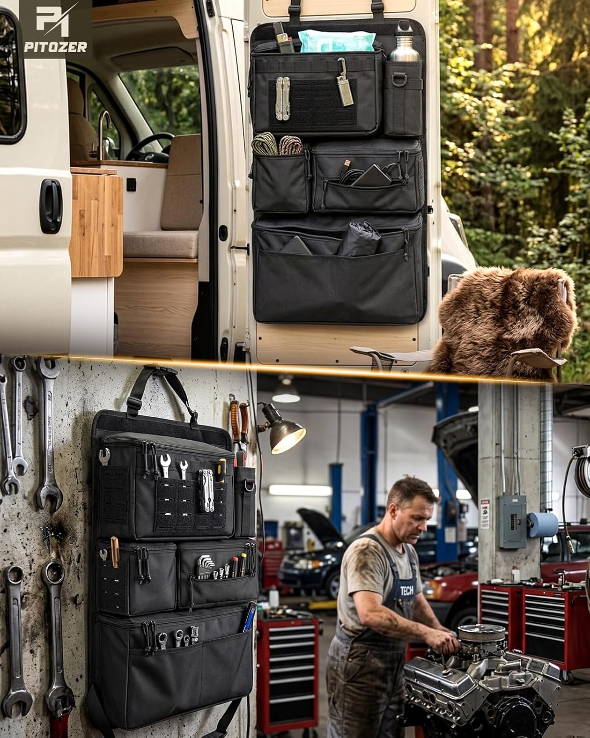 All in One Car Seat Back Organizer Fit Most Cars SUV Trucks Jeeps | Heavy Duty Molle Panel Seat Back Protector with Multi-Pockets Storage, for Tools, Toys, Camping, Travel, Daily Commuting