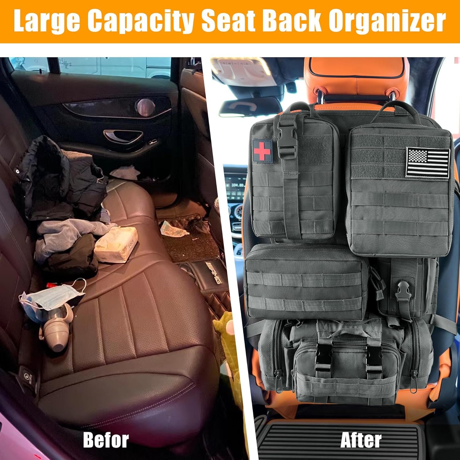6 Pack Tactical MOLLE Car Seat Back Organizer - Universal Vehicle Storage Bag with 5 Detachable MOLLE Pouches, US Flag Patch & Keychain, Fits Jeep, Truck, SUV, Car (Black)