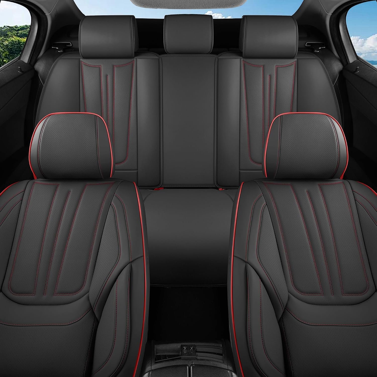 Car Seat Covers Full Set Black and Red line, Premium Leather Car Seat Covers, Waterproof and Breathable Seat Covers, Universal Car Seat Protector Fit for Cars, Trucks, SUVs, Pick-ups