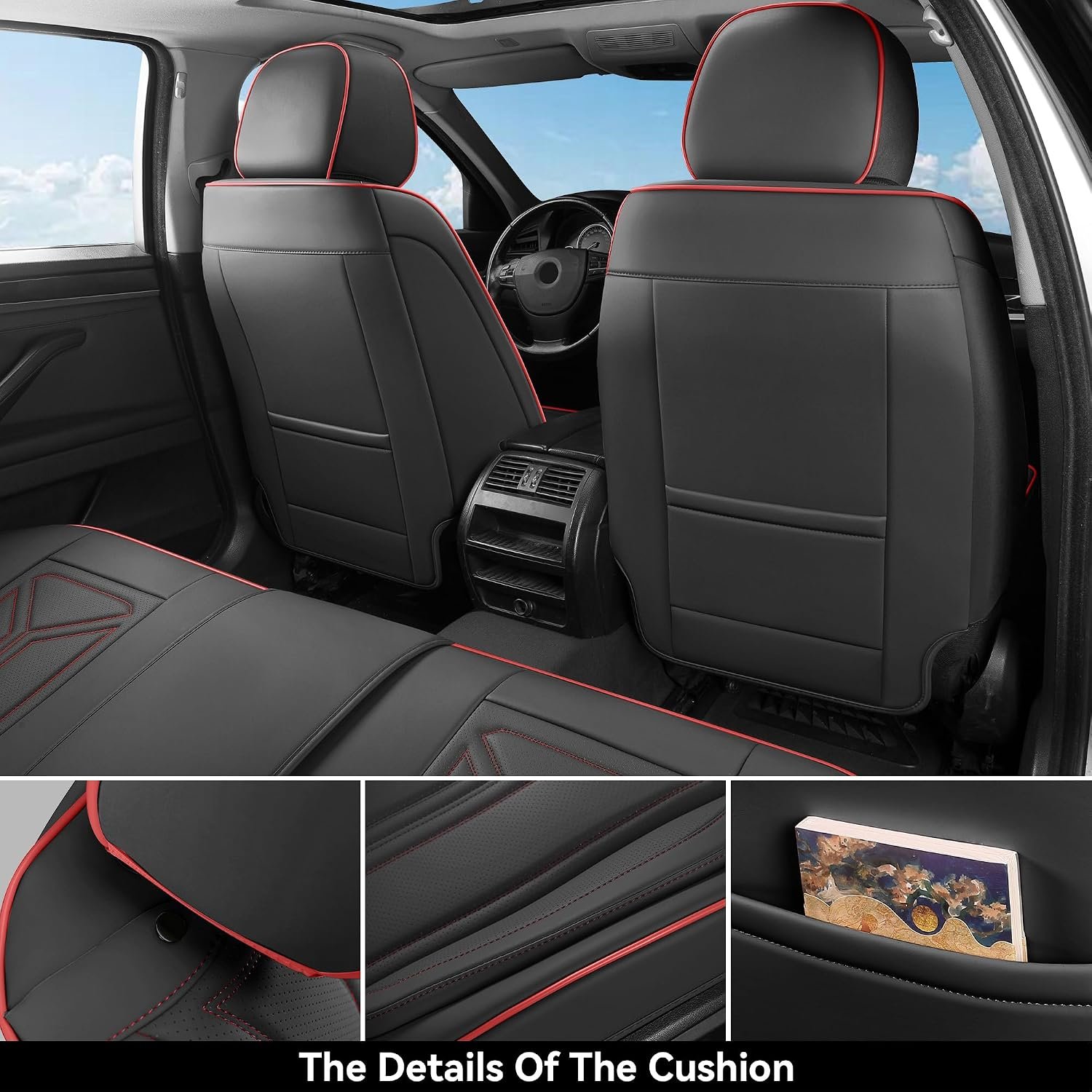 Car Seat Covers Full Set Black and Red line, Premium Leather Car Seat Covers, Waterproof and Breathable Seat Covers, Universal Car Seat Protector Fit for Cars, Trucks, SUVs, Pick-ups