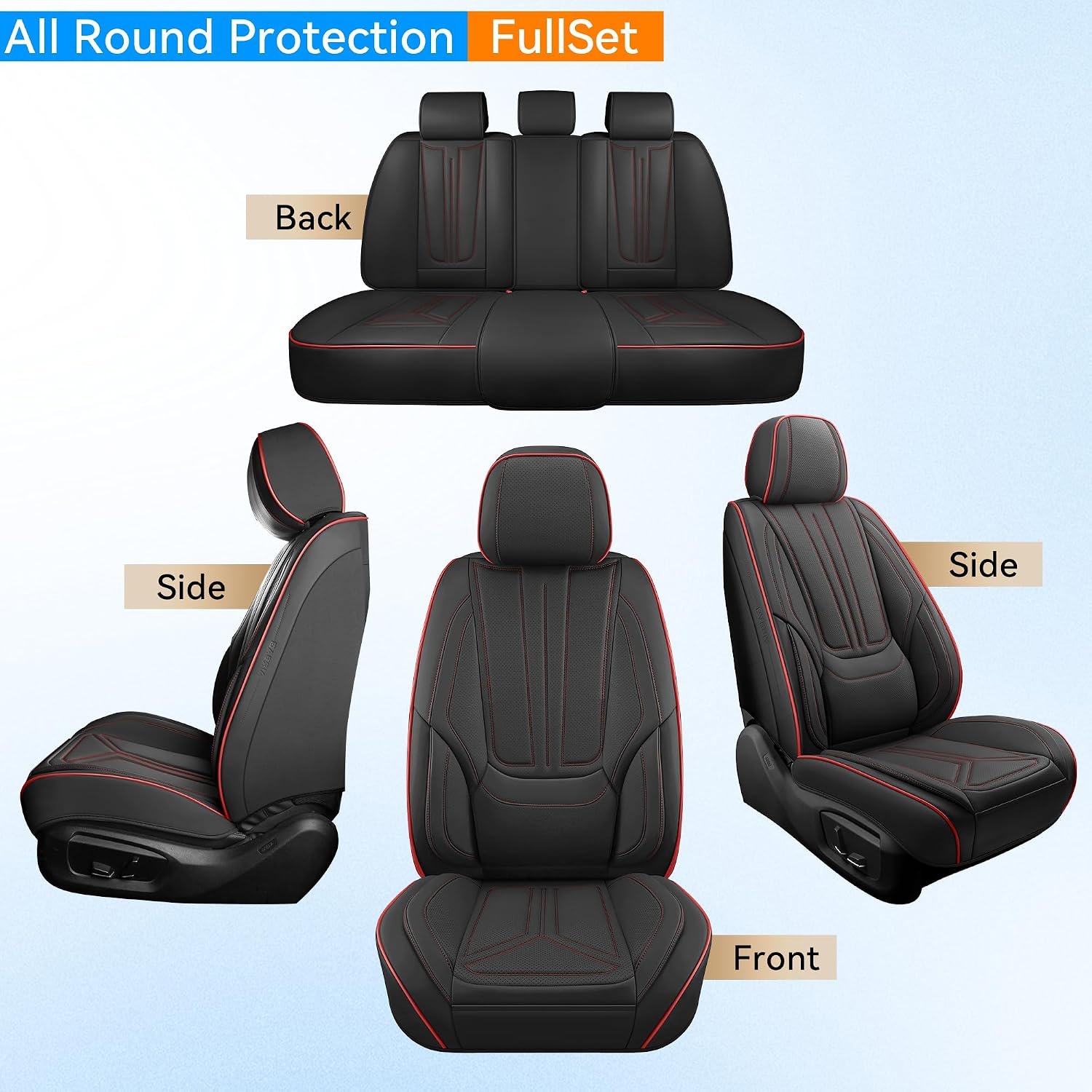 Car Seat Covers Full Set Black and Red line, Premium Leather Car Seat Covers, Waterproof and Breathable Seat Covers, Universal Car Seat Protector Fit for Cars, Trucks, SUVs, Pick-ups