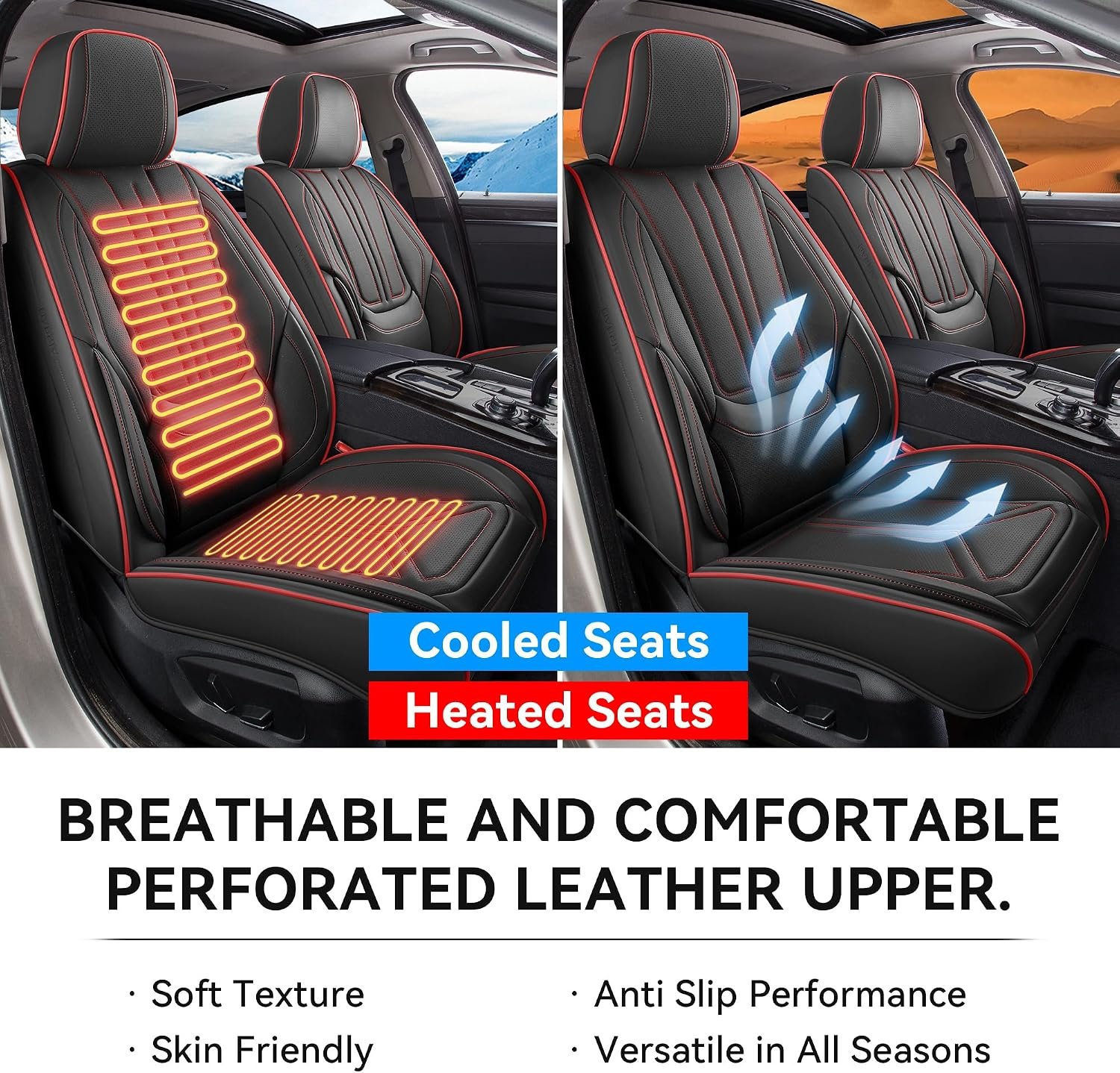 Car Seat Covers Full Set Black and Red line, Premium Leather Car Seat Covers, Waterproof and Breathable Seat Covers, Universal Car Seat Protector Fit for Cars, Trucks, SUVs, Pick-ups