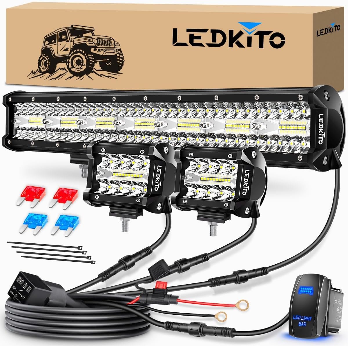20Inch LED Light Bar and 4Inch LED Cube Pods Lights Kit with Wiring Harness Rocker Switch Spot Flood Combo Triple Row Off Road Driving Work Lights Bar for Pickup SUV UTV ATV Truck Tractor Boat