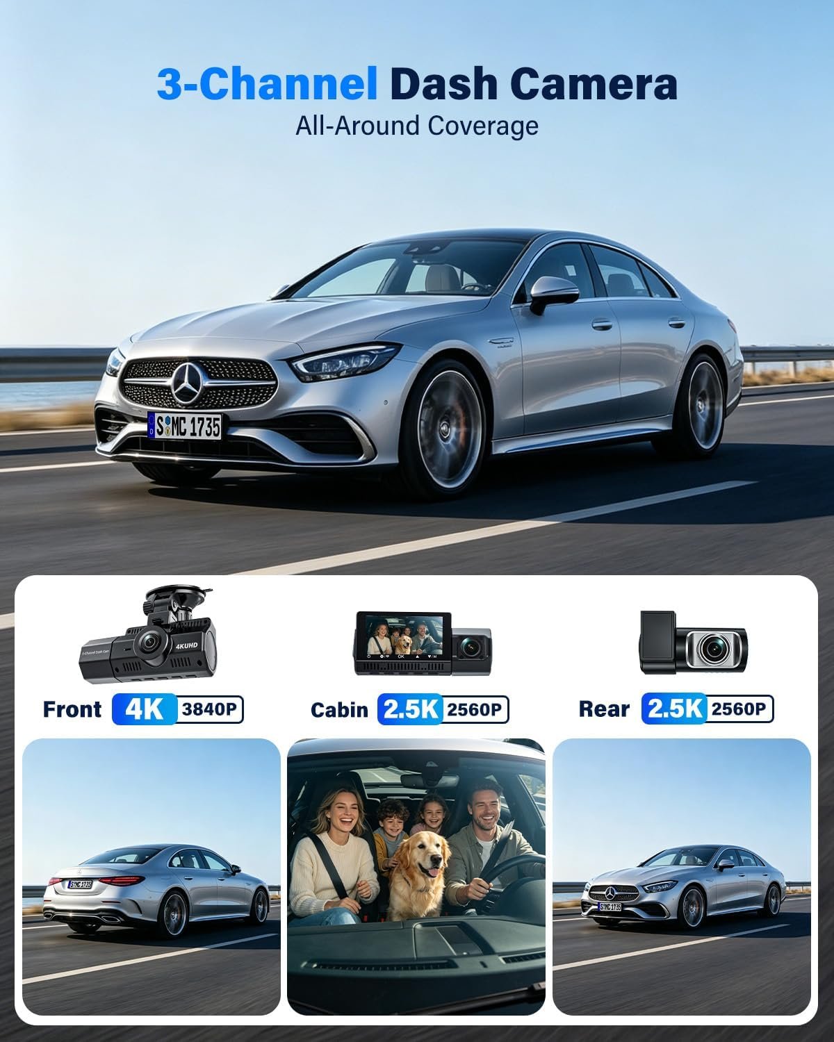 4K+2.5K+2.5K Dash Cam, STARVIS 2 Dash Camera 3-Channel, Free 64GB Card, Dashcam with 5G WiFi GPS, G-Sensor,Loop Recording, HDR, 24H Parking Monitor, Car Dash Cam for Rideshare & Taxi