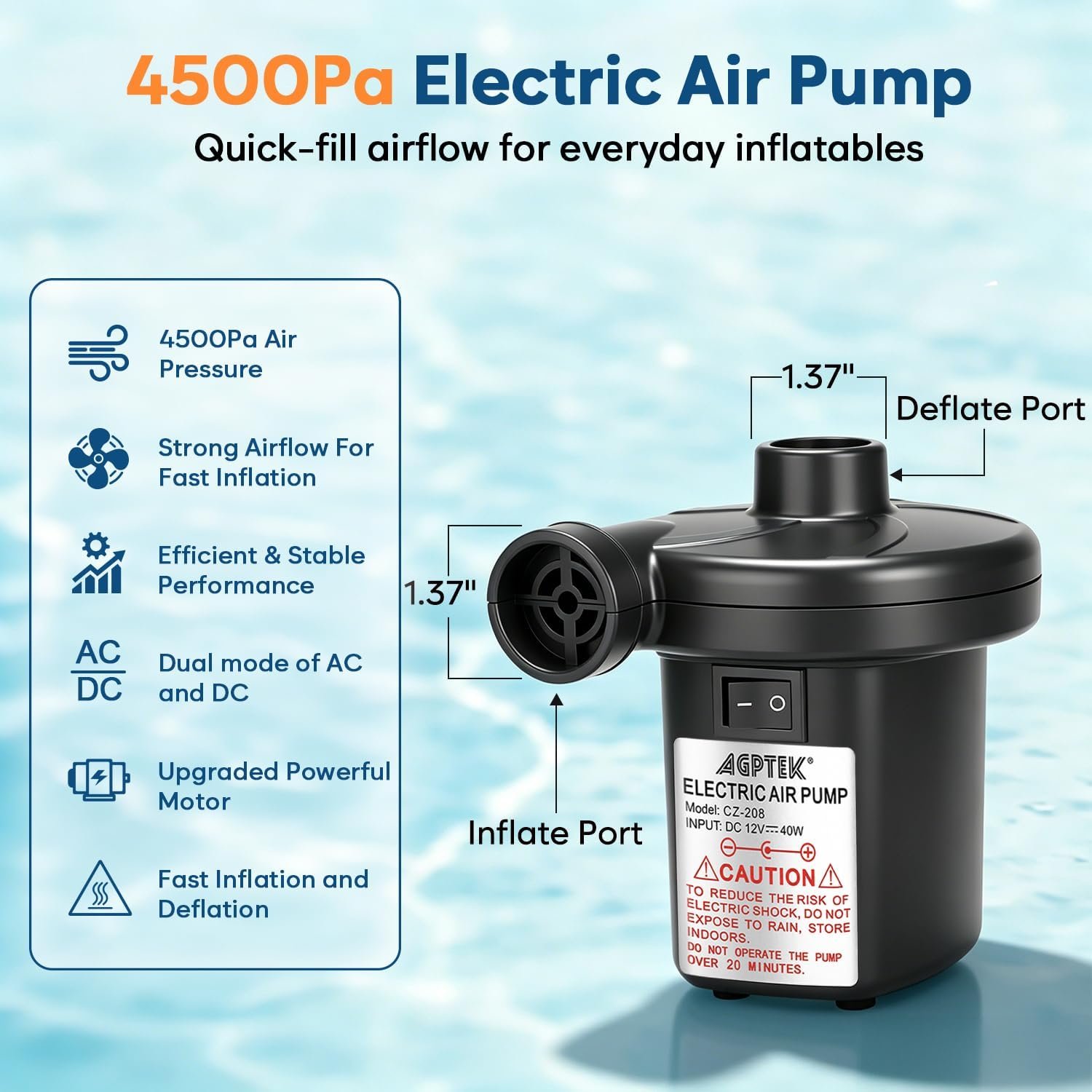 AGPTEK Electric Air Pump,Portable Air Pump with 3 Nozzles, 4.5kPa Quick-Fill,110V AC/12V DC Inflator/Deflator Pumps for Outdoor Camping, Inflatable Air Mattress Beds, Boats, Swimming Ring