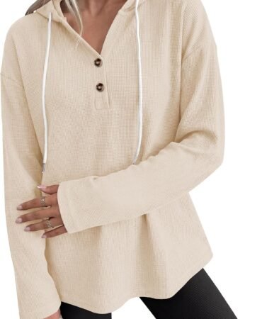 ANRABESS Waffle Knit Hoodies for Women, Comfy Drawstring Loose Fit, Long Sleeve Sweatshirt Tops for Casual Daily Wear, Work