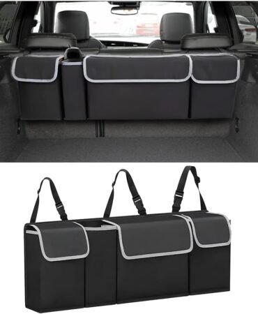 AUCELI Car Trunk Organizer, Backseat Hanging Large Storage with Adjustable Straps, Waterproof Collapsible Cargo Bag with 4 Pockets, Sturdy Space Saver Frees Trunk Floor for SUV, Truck, MPV