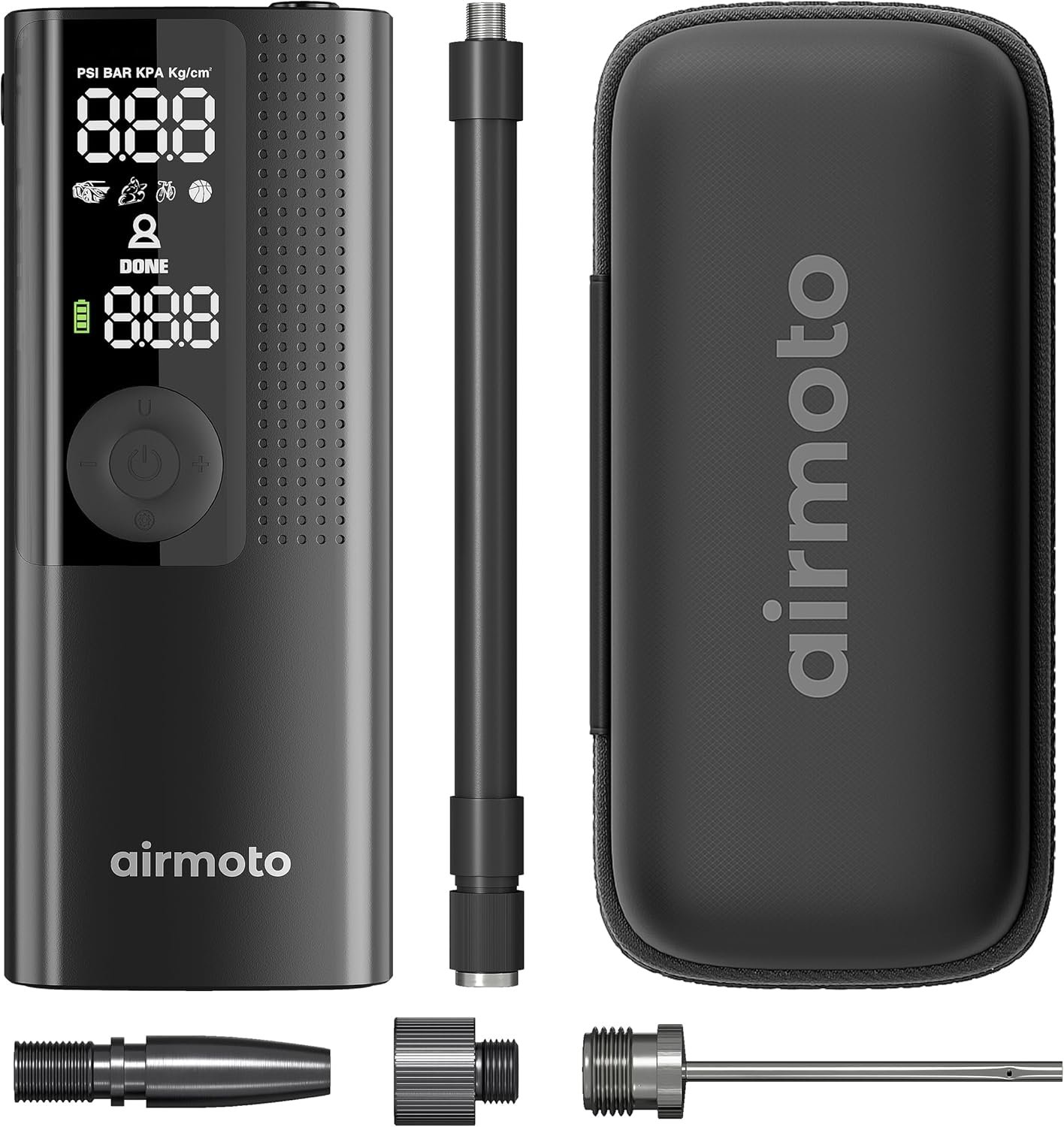 Airmoto and Carrying Case Bundle Deal - Tire Inflator Portable Air Compressor with Hard Case - Air Pump for Car Tires, Motorcycle, Bicycle - Cordless Tire Pump with Tire Pressure Gauge