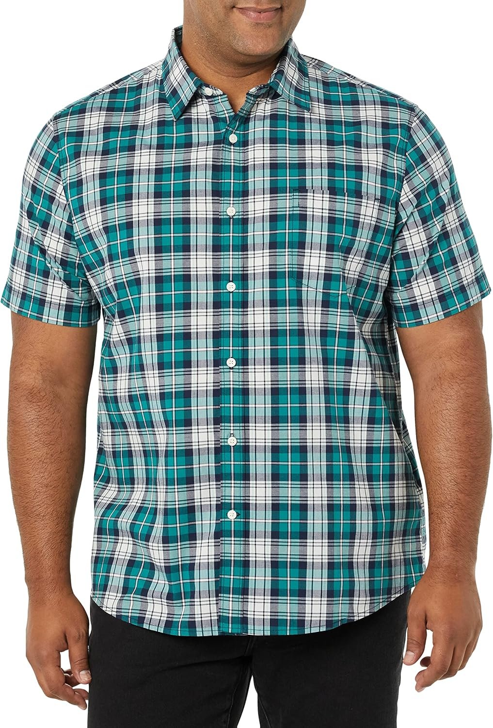 Amazon Essentials Men's Short Sleeve Dress Shirt with Stretch, Charcoal White Vertical Stripe (Available in Big & Tall)